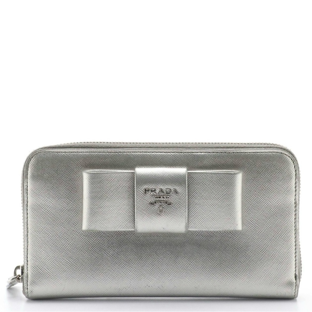 Prada Metallic Silver Saffiano Leather
Zip-Around Bow Wallet